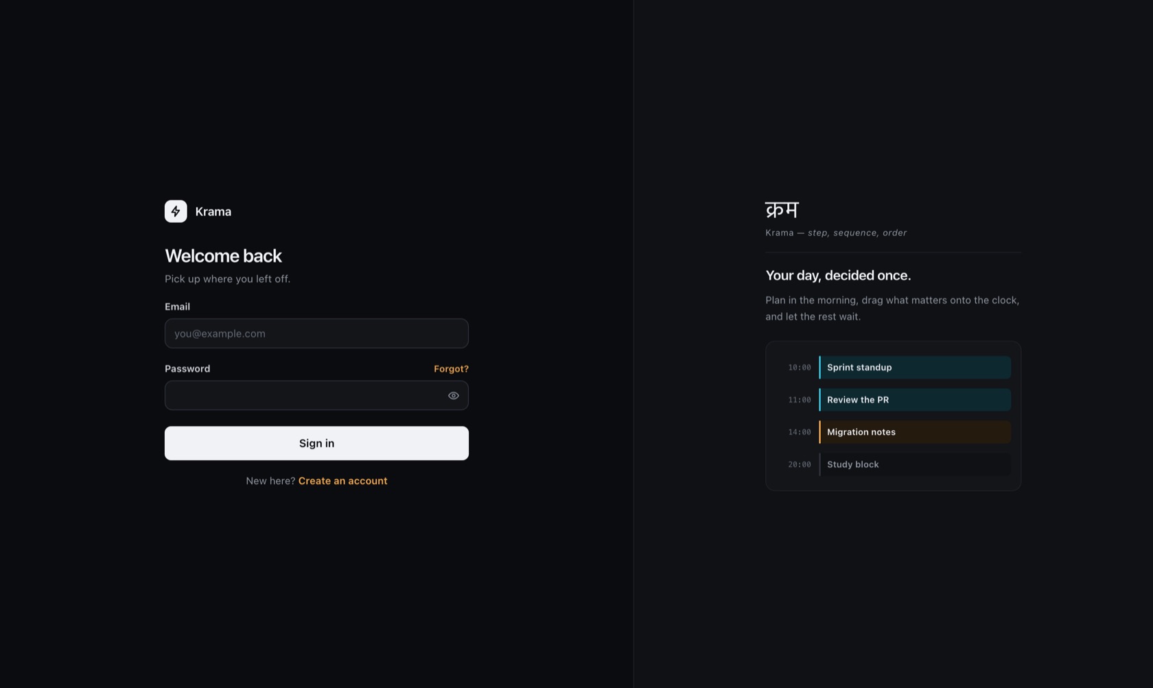 Krama — personal planner sign-in and schedule