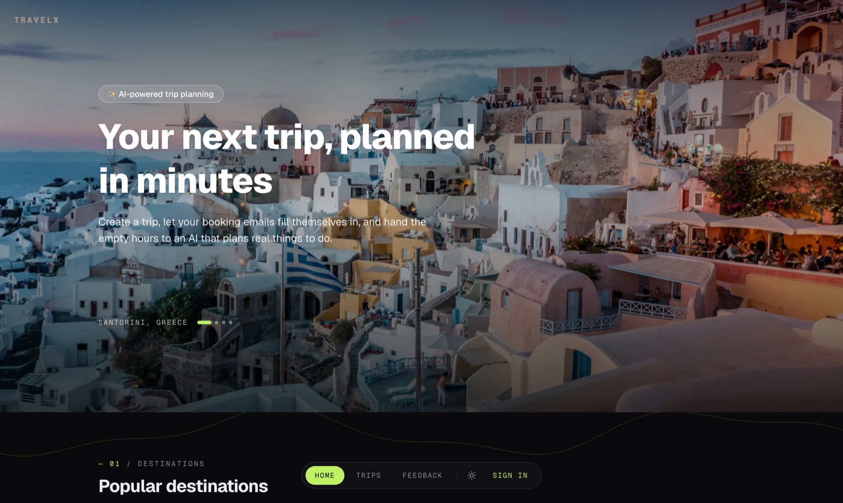 TravelX — AI travel planner landing page